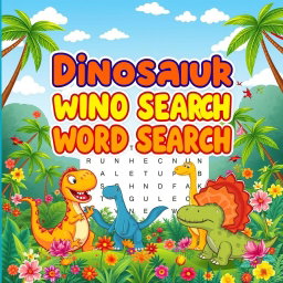 A bright and engaging cover design for a 'Dinosaur Word Search Puzzle Book'
