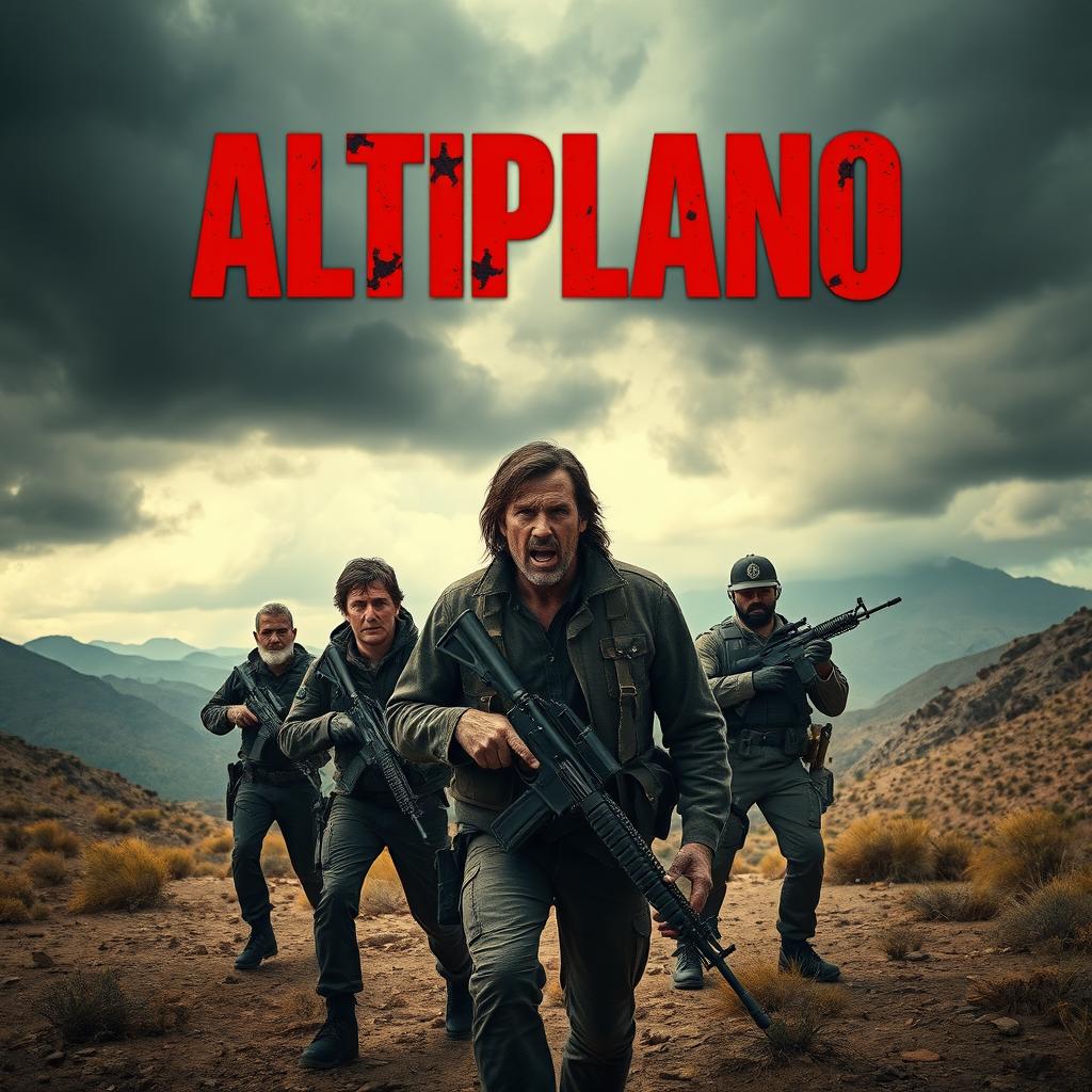 A dramatic scene from a fictional movie titled 'Altiplano', focused on the intense conflict between drug cartels and law enforcement