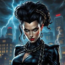 A striking supervillainess with an imposing look, adorned with a dramatic dark costume featuring metallic elements