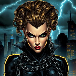 A striking supervillainess with an imposing look, adorned with a dramatic dark costume featuring metallic elements