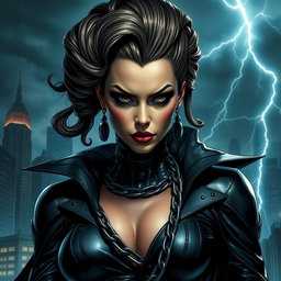 A striking supervillainess with an imposing look, adorned with a dramatic dark costume featuring metallic elements