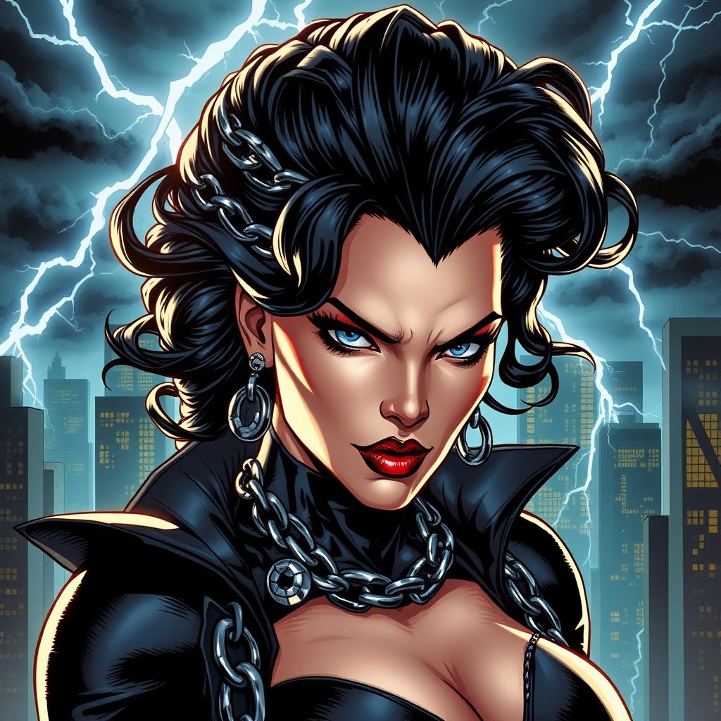 A striking supervillainess with an imposing look, adorned with a dramatic dark costume featuring metallic elements