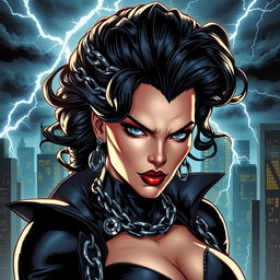 A striking supervillainess with an imposing look, adorned with a dramatic dark costume featuring metallic elements