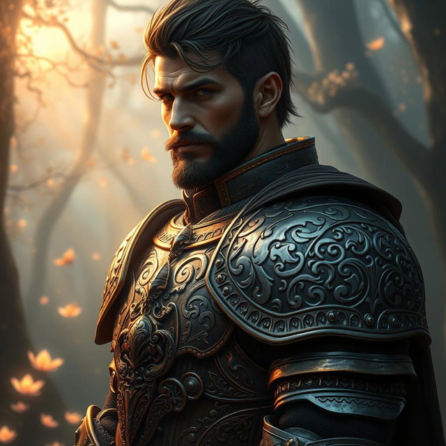 A beautifully detailed fantasy scene depicting a warrior in ornate armor, meticulously designed with intricate patterns and engravings