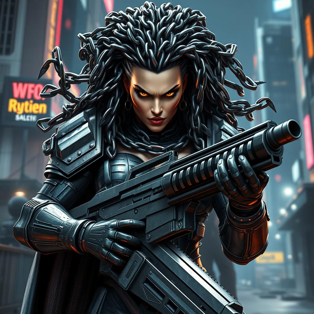 A fierce supervillainess with an imposing figure, her hair intricately formed from large, interwoven metal chains that glisten menacingly in the light