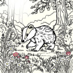 A charming coloring page featuring a cute wild badger energetically rummaging through a sunlit clearing in a forest