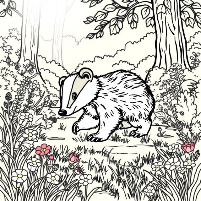 A charming coloring page featuring a cute wild badger energetically rummaging through a sunlit clearing in a forest