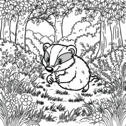 A charming coloring page featuring a cute wild badger energetically rummaging through a sunlit clearing in a forest