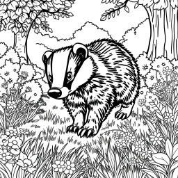 A charming coloring page featuring a cute wild badger energetically rummaging through a sunlit clearing in a forest