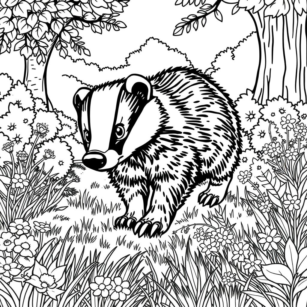A charming coloring page featuring a cute wild badger energetically rummaging through a sunlit clearing in a forest