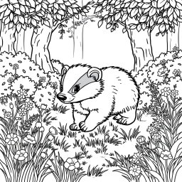 A charming coloring page featuring a cute wild badger energetically rummaging through a sunlit clearing in a forest