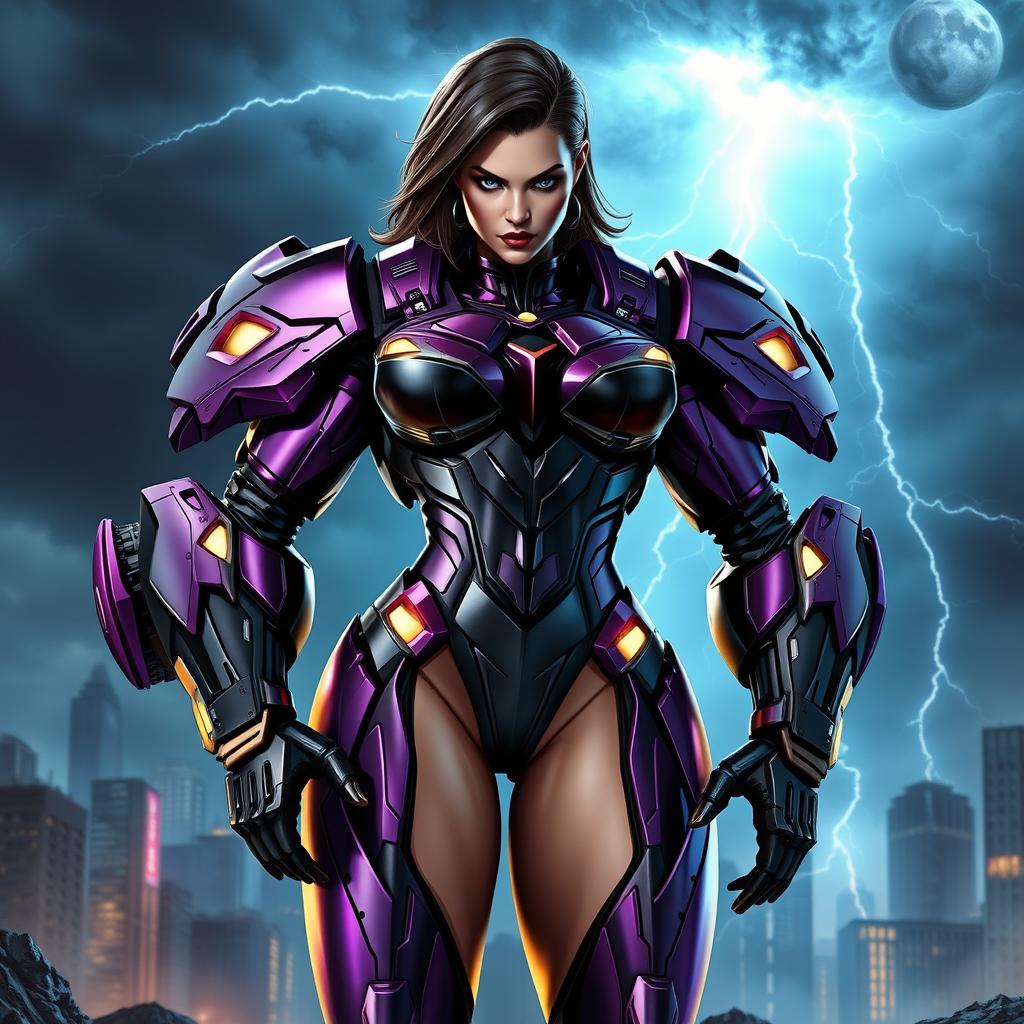 A powerful female supervillain wearing a futuristic hulkbuster-like armor, characterized by its sleek, angular metallic design and glowing accents