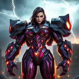 A powerful female supervillain wearing a futuristic hulkbuster-like armor, characterized by its sleek, angular metallic design and glowing accents