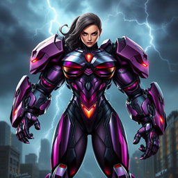 A powerful female supervillain wearing a futuristic hulkbuster-like armor, characterized by its sleek, angular metallic design and glowing accents