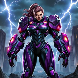 A powerful female supervillain wearing a futuristic hulkbuster-like armor, characterized by its sleek, angular metallic design and glowing accents