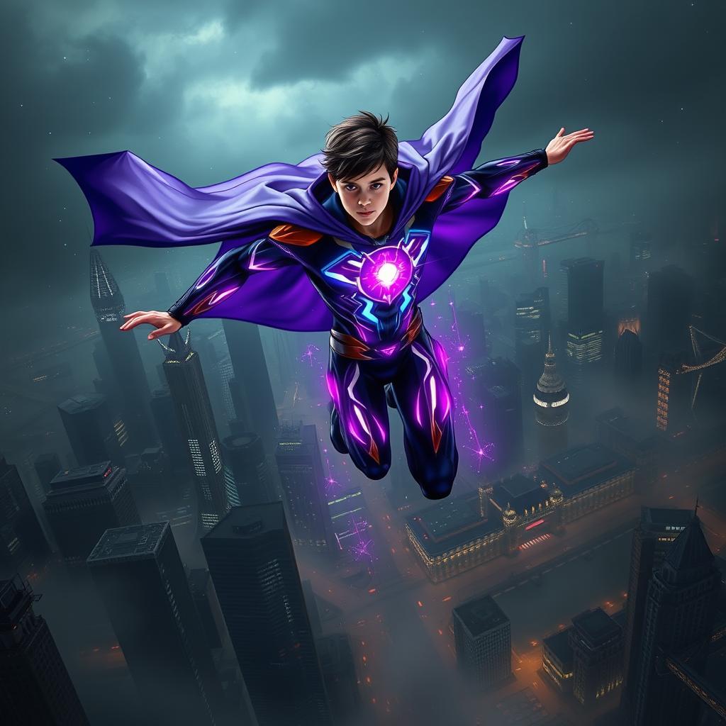 A teenage superhero with vibrant cosmic powers, soaring high above a dystopian London skyline