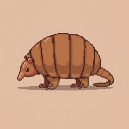 A 16x16 pixel art of a 'tatu peba' (six-banded armadillo) in side view, featuring a segmented brown shell with distinct bands, small legs visible underneath, a pointed snout, and a curved tail