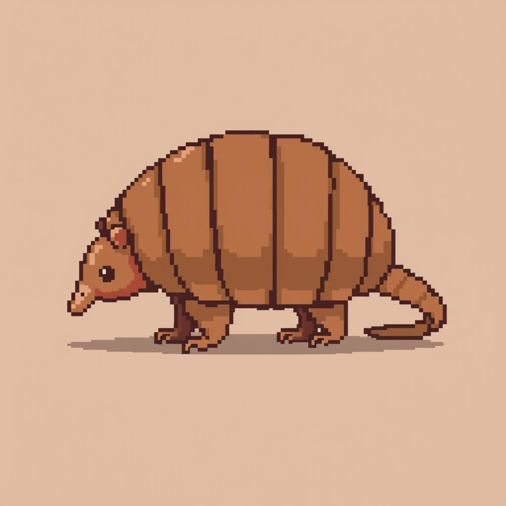 A 16x16 pixel art of a 'tatu peba' (six-banded armadillo) in side view, featuring a segmented brown shell with distinct bands, small legs visible underneath, a pointed snout, and a curved tail