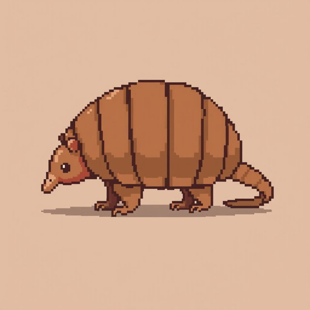 A 16x16 pixel art of a 'tatu peba' (six-banded armadillo) in side view, featuring a segmented brown shell with distinct bands, small legs visible underneath, a pointed snout, and a curved tail