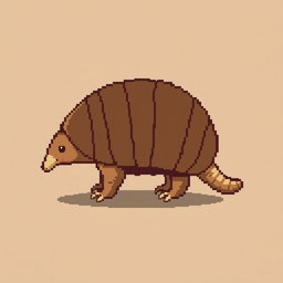 A 16x16 pixel art of a 'tatu peba' (six-banded armadillo) in side view, featuring a segmented brown shell with distinct bands, small legs visible underneath, a pointed snout, and a curved tail
