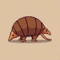 A 16x16 pixel art of a 'tatu peba' (six-banded armadillo) in side view, featuring a segmented brown shell with distinct bands, small legs visible underneath, a pointed snout, and a curved tail