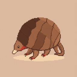 A 16x16 pixel art of a 'tatu peba' (six-banded armadillo) in side view, featuring a segmented brown shell with distinct bands, small legs visible underneath, a pointed snout, and a curved tail