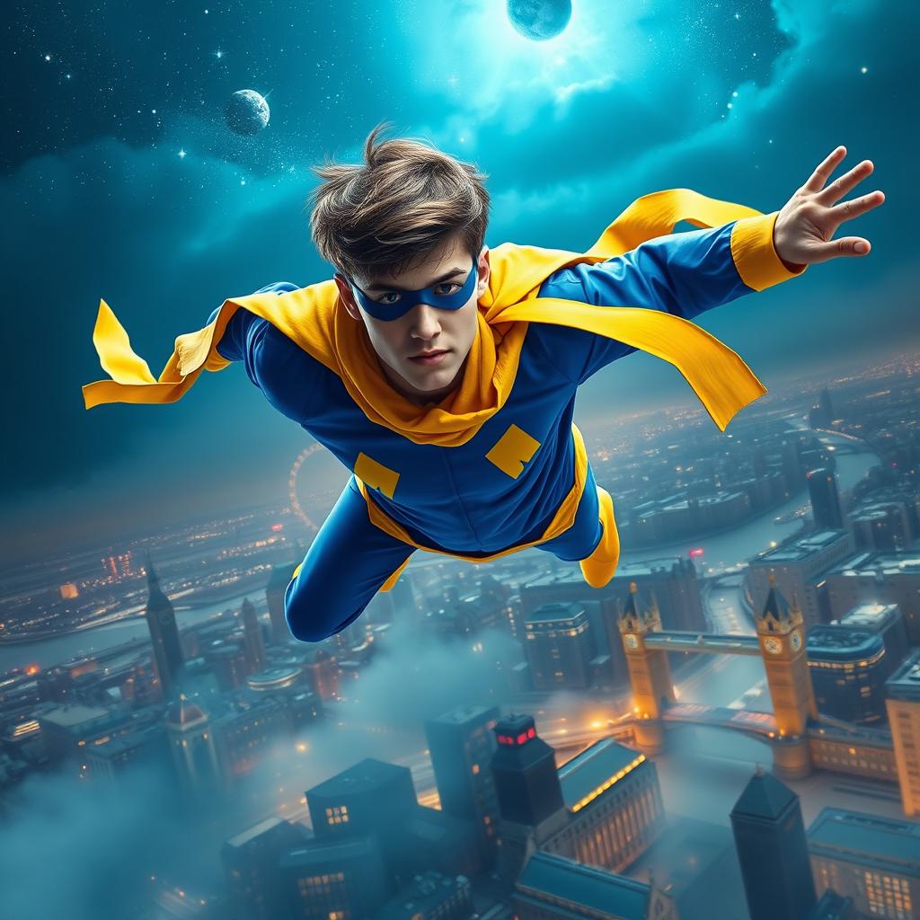 A teenage superhero soaring above a dystopian London, depicted in a vibrant cosmic scene
