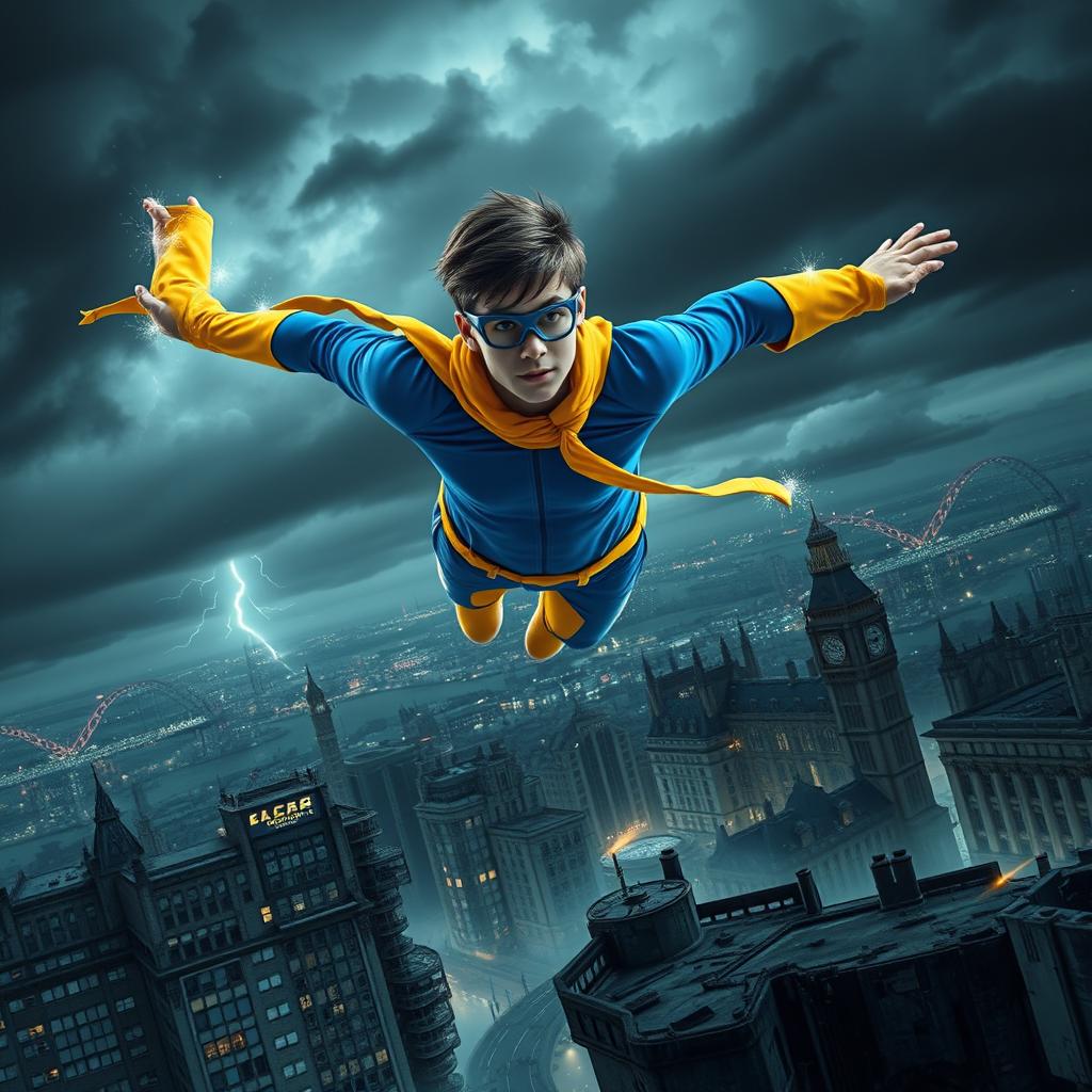 A teenage superhero flying over a dystopian London, wearing a vibrant bright blue and yellow costume with a thin yellow scarf fluttering behind him