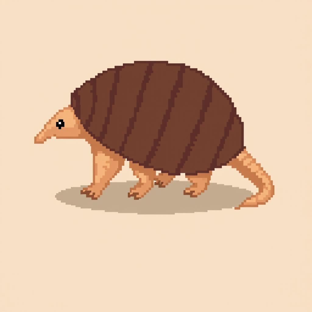 A 16x16 pixel art representation of a 'tatu peba' (six-banded armadillo) viewed from the side