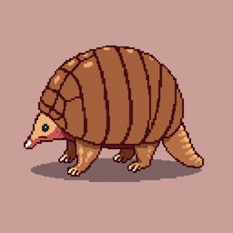 A 16x16 pixel art representation of a 'tatu peba' (six-banded armadillo) viewed from the side