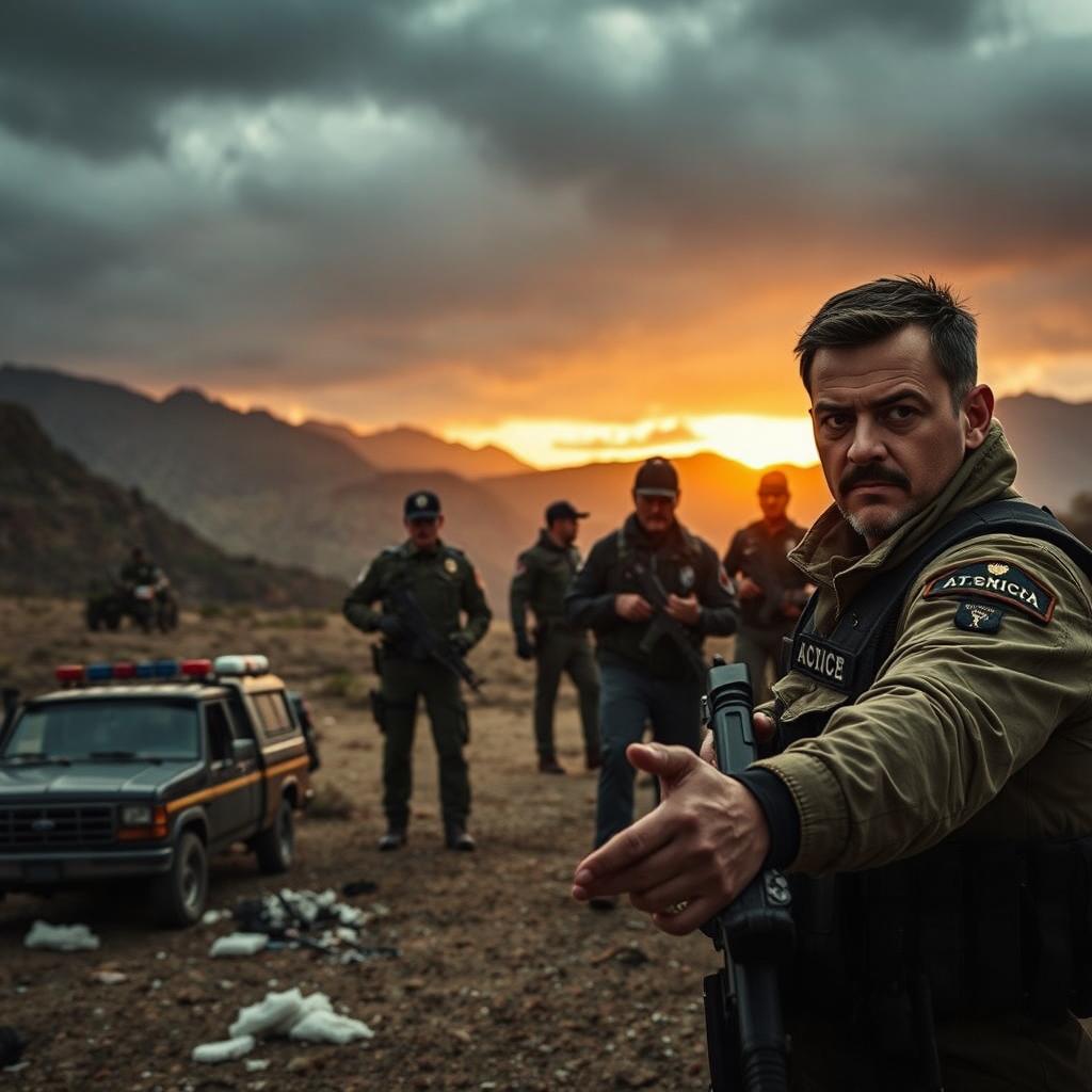 A dramatic scene from a cartel film titled 'Altiplano', featuring a tense showdown between a civil guard and cartel members amidst a backdrop of rugged mountainous terrain