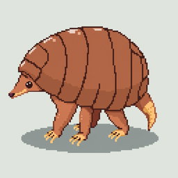 A 16x16 pixel art illustration of a 'tatu peba' (six-banded armadillo) presented in side view