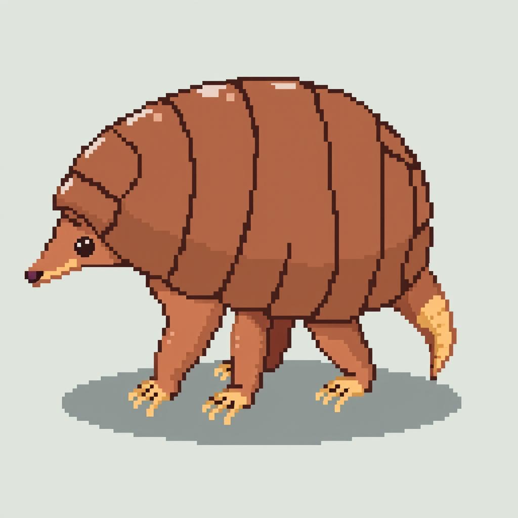 A 16x16 pixel art illustration of a 'tatu peba' (six-banded armadillo) presented in side view