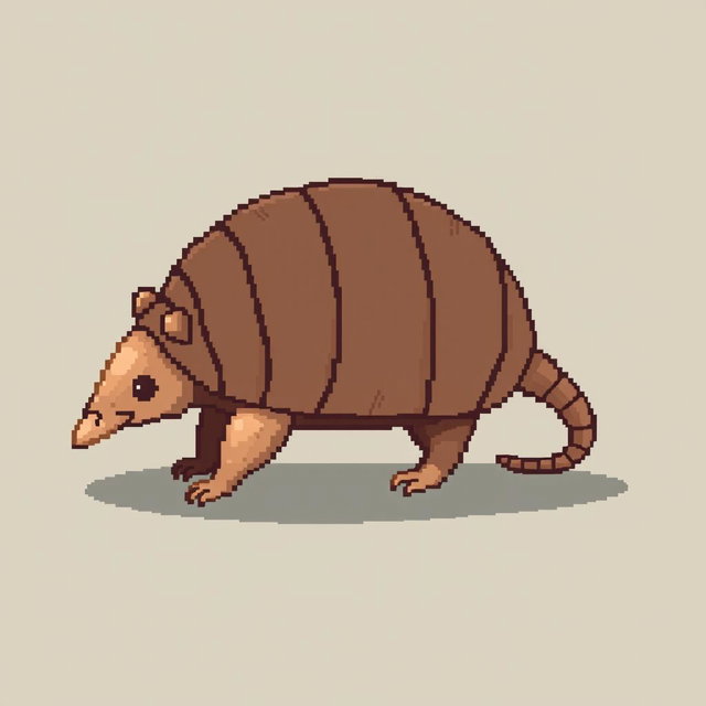 A 16x16 pixel art representation of a 'tatu peba' (six-banded armadillo) in a side view