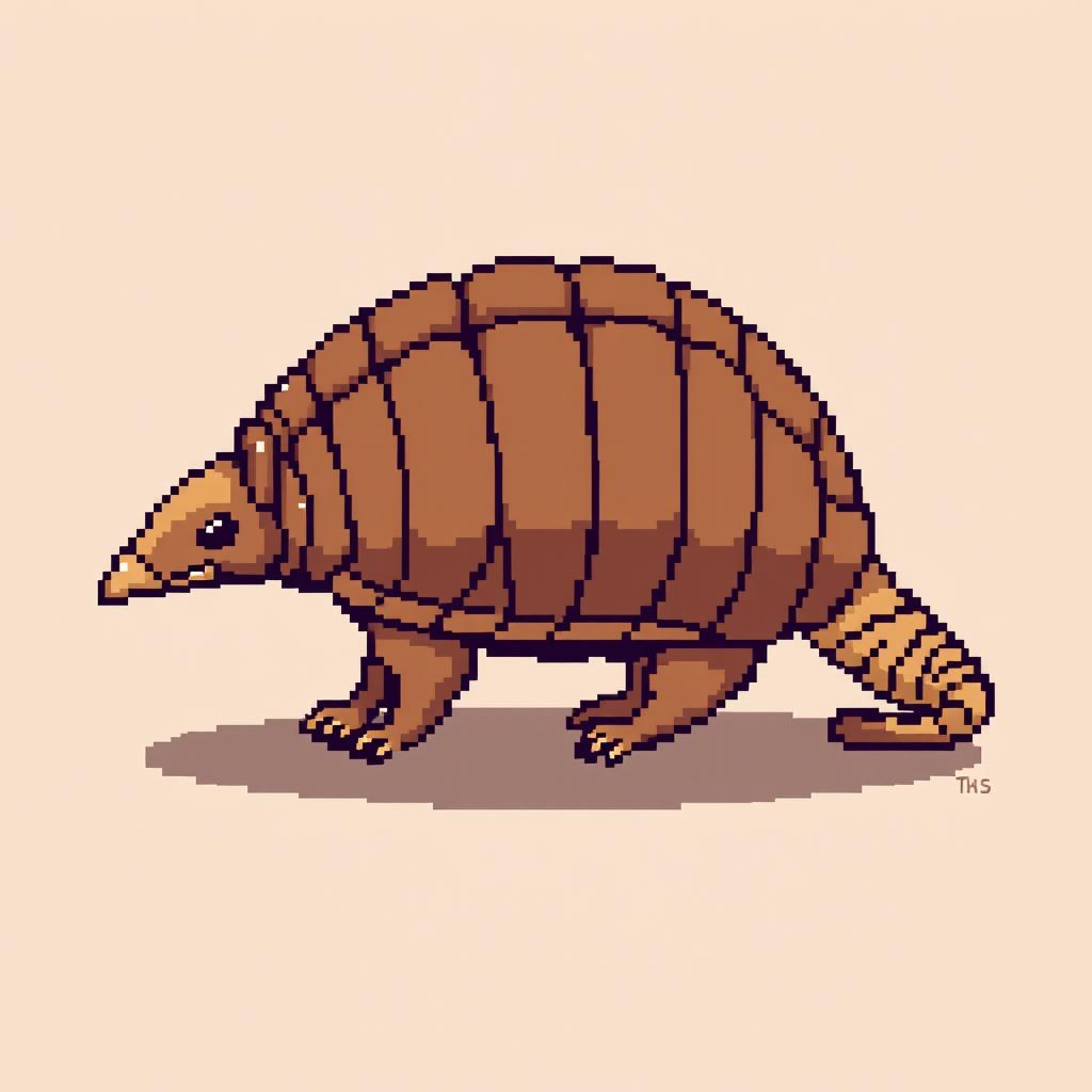 A 16x16 pixel art representation of a 'tatu peba' (six-banded armadillo) in a side view