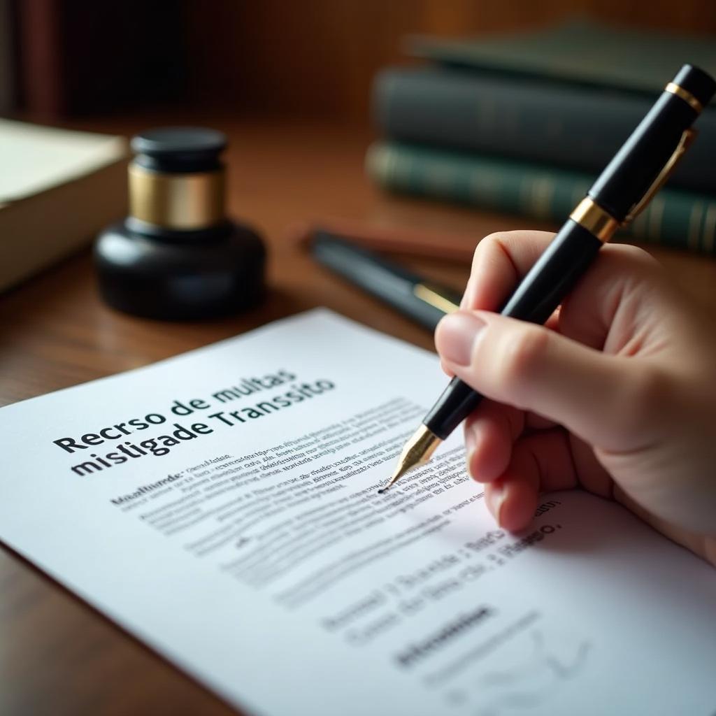 A close-up shot of a hand elegantly writing on a legal document titled 'Recurso de multas de Trânsito' using a black fountain pen