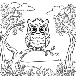A charming coloring page featuring a cute owl perched on a branch in a sunny clearing