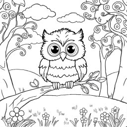 A charming coloring page featuring a cute owl perched on a branch in a sunny clearing