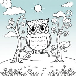 A charming coloring page featuring a cute owl perched on a branch in a sunny clearing