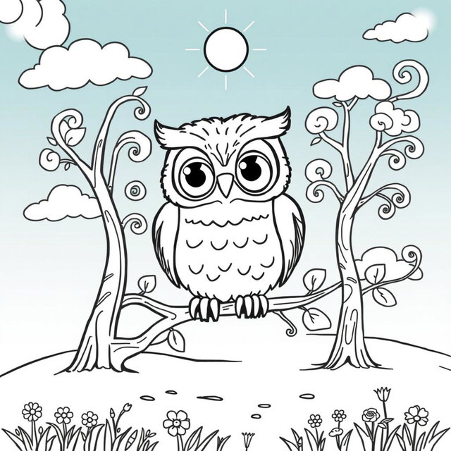 A charming coloring page featuring a cute owl perched on a branch in a sunny clearing