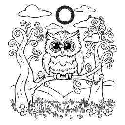 A charming coloring page featuring a cute owl perched on a branch in a sunny clearing