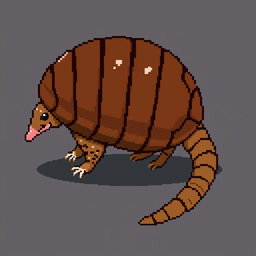 A 16x16 pixel art depiction of a 'tatu peba' (six-banded armadillo) viewed from the side