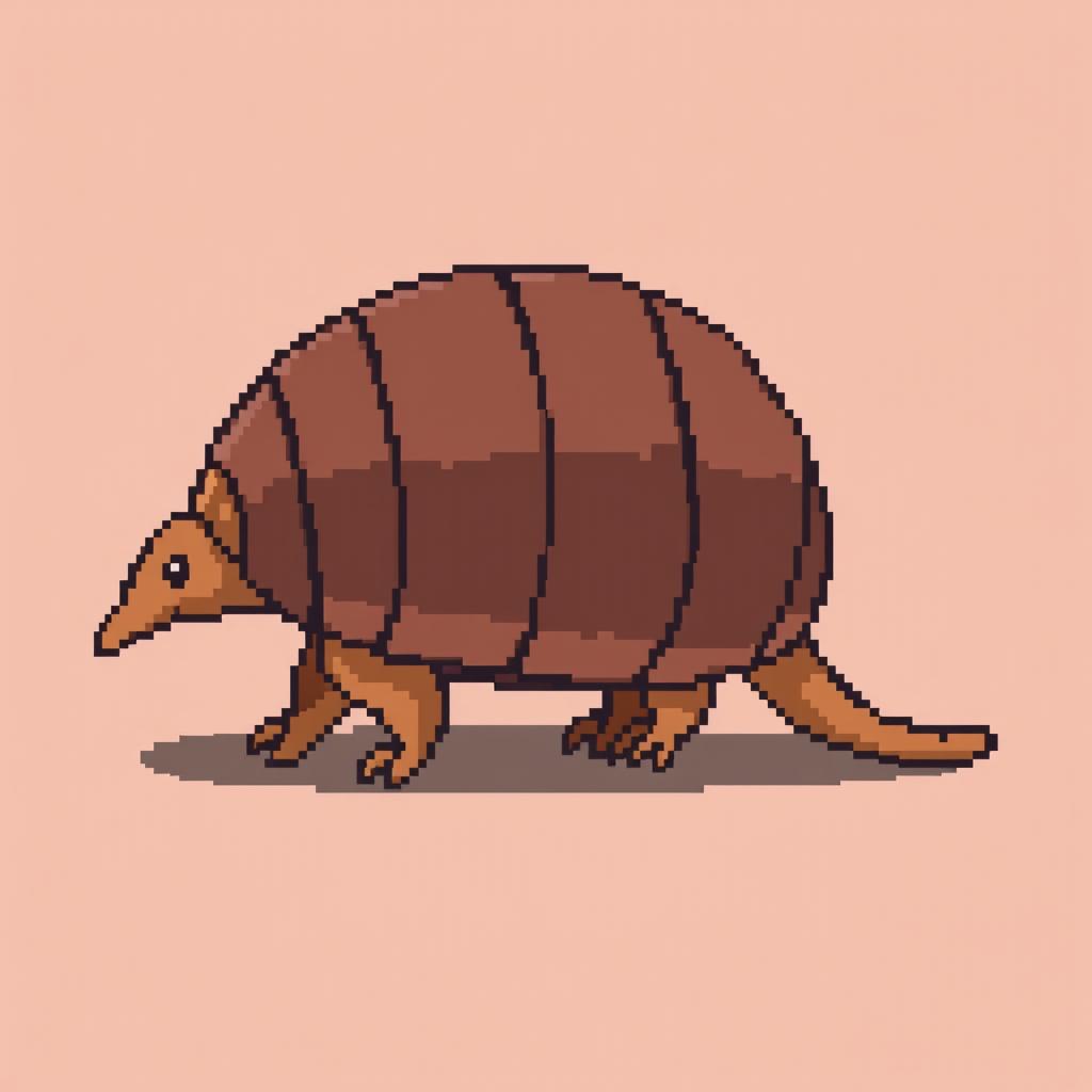 A 16x16 pixel art depiction of a 'tatu peba' (six-banded armadillo) viewed from the side