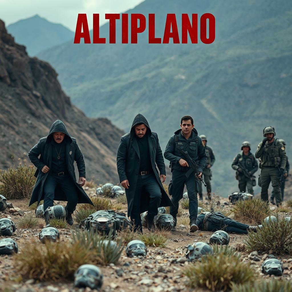 A cinematic scene inspired by a cartel-themed movie titled "Altiplano" showing narcos and civil guards in a dramatic moment
