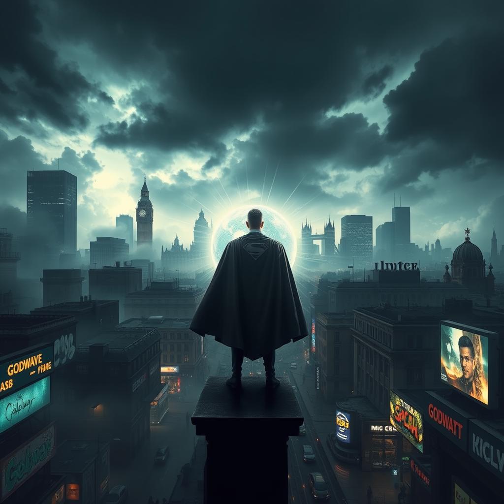 A dystopian London skyline, shrouded in dark clouds and atmospheric energy waves emanating from the ground, illustrating a post-apocalyptic superhero story