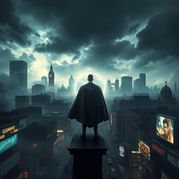 A dystopian London skyline, shrouded in dark clouds and atmospheric energy waves emanating from the ground, illustrating a post-apocalyptic superhero story
