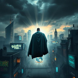 A dystopian London skyline, shrouded in dark clouds and atmospheric energy waves emanating from the ground, illustrating a post-apocalyptic superhero story