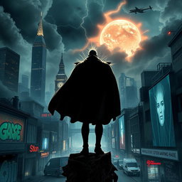 A dystopian London skyline, shrouded in dark clouds and atmospheric energy waves emanating from the ground, illustrating a post-apocalyptic superhero story