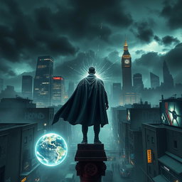 A dystopian London skyline, shrouded in dark clouds and atmospheric energy waves emanating from the ground, illustrating a post-apocalyptic superhero story