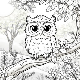 A whimsical coloring page featuring a cute owl perched on a branch